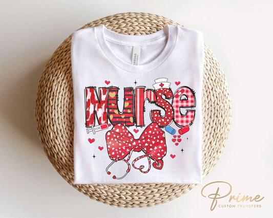 Valentine's Day DTF Transfer, Ready to Press, T-shirt Transfer, Heat Transfer, Direct to Film, Hearts, CNA, Nurse Gift, Coquette Bow, Red