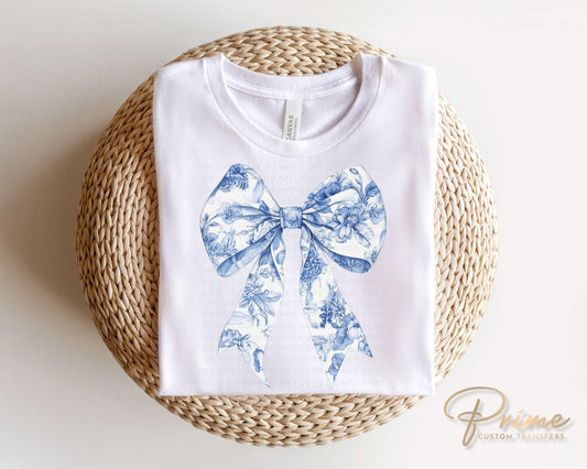 Blue Floral Bow DTF Transfers, Ready to Press, T-shirt Transfer, Heat Transfer, Direct to Film, Coquette Toile Chinoiserie Bow