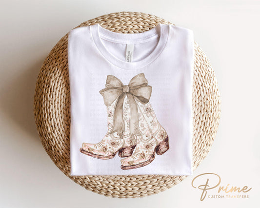 Ecru Beige Boots DTF Transfer, Ready to Press, T-shirt Transfers Heat Transfer, Direct to Film, Cowgirl, Brown Chinoiserie Floral Boots Bow