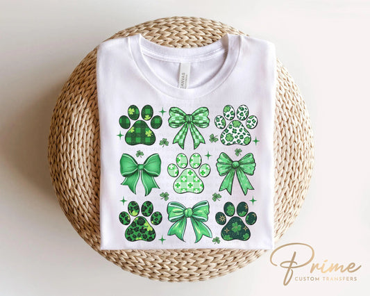 St. Patrick's Day DTF Transfer, Ready to Press, T-shirt Transfers, Heat Transfer, Direct to Film, Dog Lover, Dog Mama, Coquette Dog Paw Bows