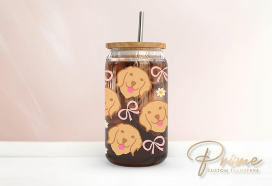 Golden Retriever UV DTF Libbey 16oz Cup Wrap Sticker, Ready to Apply, No Heat, Permanent Adhesive, Waterproof, Glass Can, Dogs and Bows