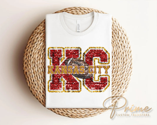 Football DTF Transfer, Ready to Press, T-shirt Transfer, Heat Transfer, Direct to Film, Sports Fan, FAUX Glitter, KC Kansas City Faux Sequin
