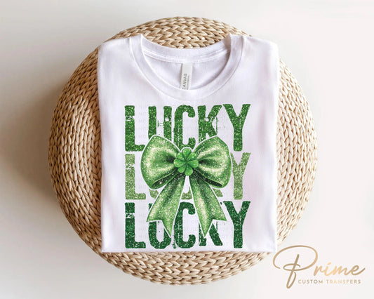 St. Patrick's Day DTF Transfer, Ready to Press, T-shirt Transfer, Heat Transfer, Direct to Film, Cute Shamrock, Coquette FAUX Glitter Lucky
