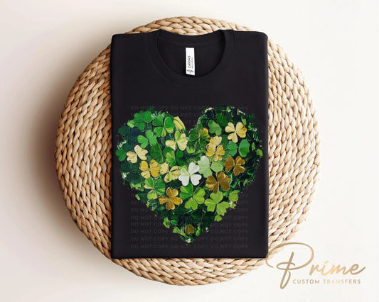 St. Patrick's Day DTF Transfer, Ready to Press, T-shirt Transfer, Heat Transfer, Direct to Film, Gold Clover, Brushstroke Shamrock Heart