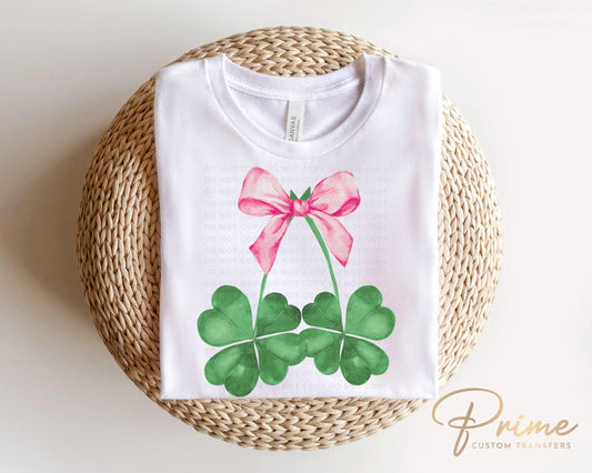 St. Patrick's Day DTF Transfer, Ready to Press, T-shirt Transfer, Heat Transfer, Direct to Film, St. Patties, Pink Bow, Coquette Shamrocks
