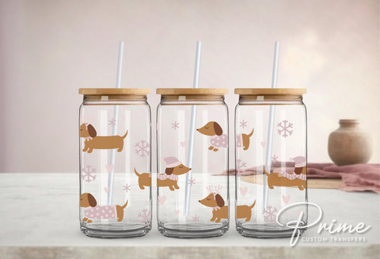 Libbey Cup UV DTF 16oz Libbey Cup Wrap Sticker, Ready To Apply, Direct to Film, Glass Can, Permanent, Winter, Snow, Cute Dogs, Dachshunds