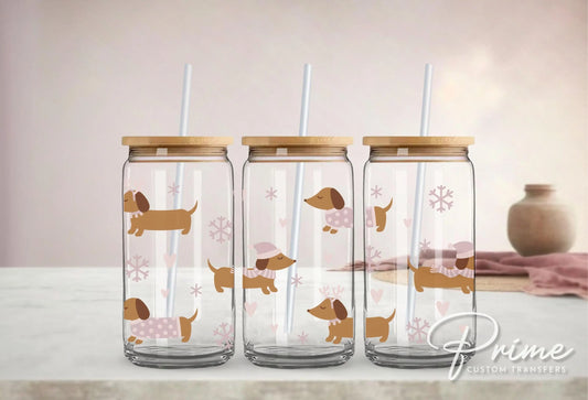 Libbey Cup UV DTF 16oz Libbey Cup Wrap Sticker, Ready To Apply, Direct to Film, Glass Can, Permanent, Winter, Snow, Cute Dogs, Dachshunds