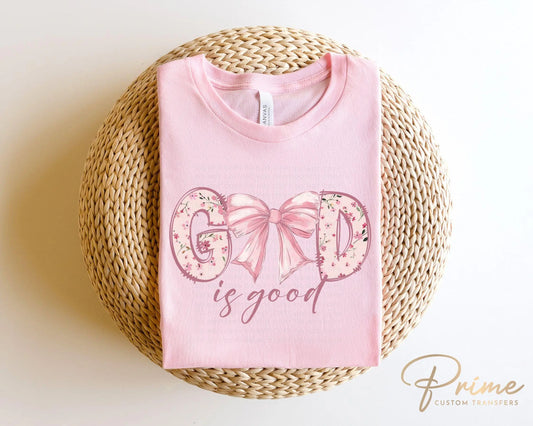 Christian DTF Transfer, Ready to Press, T-shirt Transfer, Heat Transfer, Direct to Film, Prayer, Jesus, Faith, Pink Bow Coquette God is Good