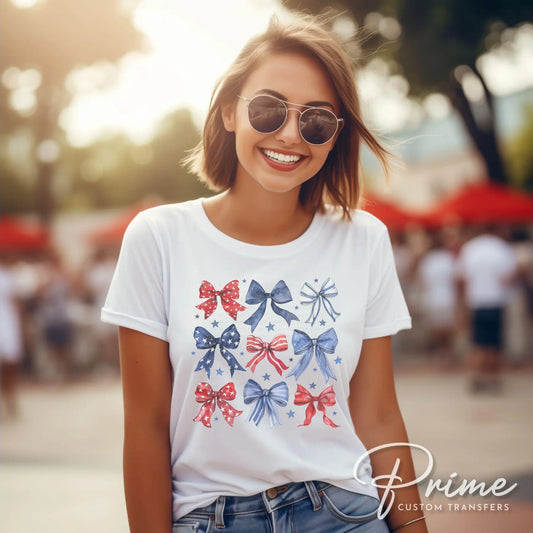 4th of July DTF Transfers, Ready to Press, T-shirt Transfers, Heat Transfer, Direct to Film, USA, Holiday, Ribbon, Coquette, Red White, Blue