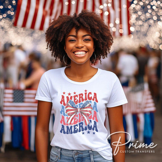 4th of July DTF Transfers, Ready to Press, T-shirt Transfers, Heat Transfer, Direct to Film, USA, Ribbon, Coquette, Red White, Blue Bow