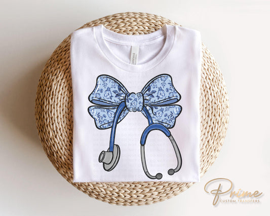 Nurse DTF Transfer, Ready to Press, T-shirt Transfer, Heat Transfer, Direct to Film, Hospital, Stethoscope, Blue Coquette Bow, Nurse Life