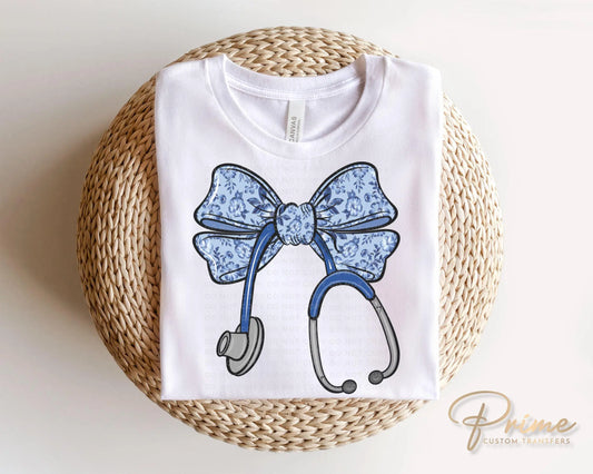Nurse DTF Transfer, Ready to Press, T-shirt Transfer, Heat Transfer, Direct to Film, Hospital, Stethoscope, Blue Coquette Bow, Nurse Life