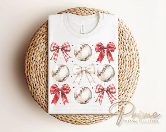 Baseball DTF Transfer, Ready to Press, T-shirt Transfer, Heat Transfer, Direct to Film, Sport Mama Game Day, Red Coquette Baseballs and Bows