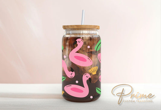 UV DTF 16oz Libbey Cup Wrap Sticker, Ready To Apply, Direct to Film, Wrap, Summer, Glass Can, Permanent, Summer, Cute, Pink Flamingo Float