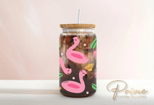 UV DTF 16oz Libbey Cup Wrap Sticker, Ready To Apply, Direct to Film, Wrap, Summer, Glass Can, Permanent, Summer, Cute, Pink Flamingo Float