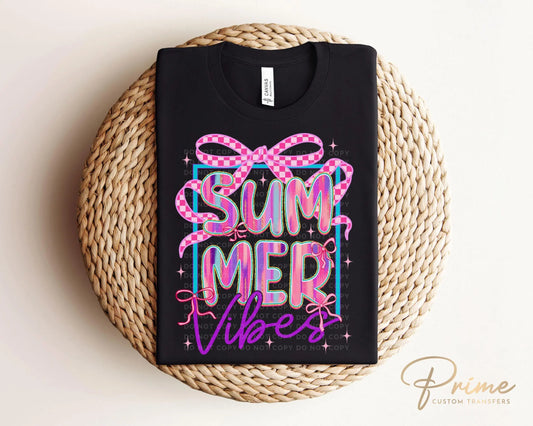 Summer Vibes DTF Transfer, Ready to Press, T-shirt Transfer, Heat Transfer, Direct to Film, Beach, Brushstroke, Coquette Bow Purple and Pink