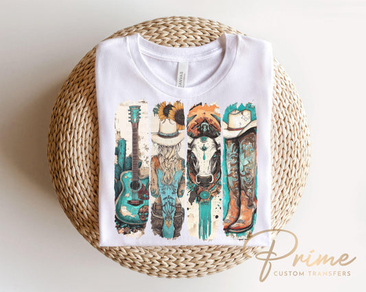 Western Cowgirl DTF Transfer, Ready to Press, T-shirt Transfers Heat Transfer, Direct to Film, Cowboy Boots, Country, Turquoise, Sunflower