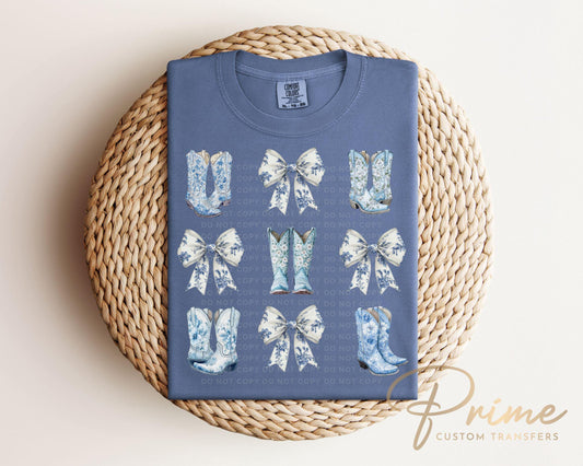 Coquette Cowgirl DTF Transfer, Ready to Press, T-shirt Transfer, Heat Transfer, Direct to Film, Toile Blue Boots and Bows, Girly Western