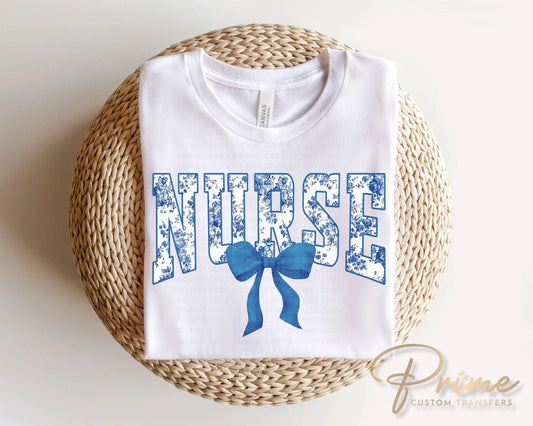 Nurse DTF Transfer, Ready to Press, T-shirt Transfer, Heat Transfer, Direct to Film, Hospital, Stethoscope, Floral Blue Toile Coquette Bow