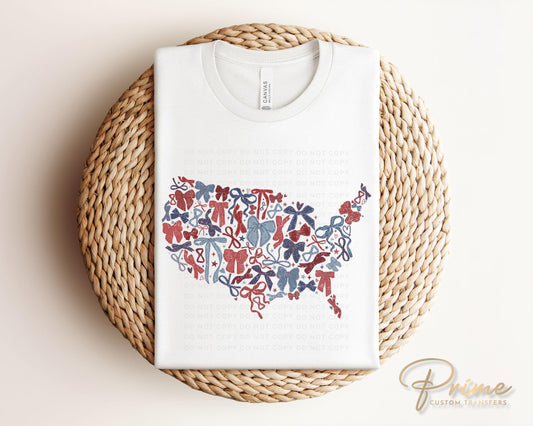 4th of July DTF Transfers, Ready to Press, T-shirt Transfers, Heat Transfer, Direct to Film, USA, Ribbon, Coquette, Red White, Blue Bows