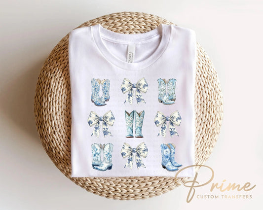 Toile Blue Boots and Bows DTF Transfer, Ready to Press, T-shirt Transfer, Heat Transfer, Direct to Film, Bachelorette, Coquette Bride