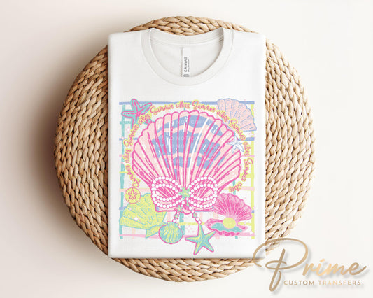 Coquette Seashell DTF Transfer, Ready to Press, T-shirt Transfer, Heat Transfer, Direct to Film, Bow, Neon Pink Clam, Pearl, Vacation, Beach