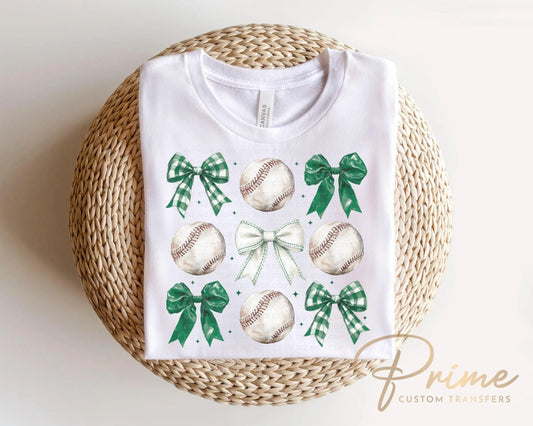 Baseball DTF Transfer, Ready to Press, T-shirt Transfer, Heat Transfer, Direct to Film, Sport Mama Apparel,Green Coquette Baseballs and Bows