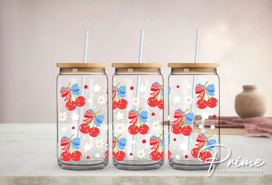 4th of July UV DTF Libbey 16oz Cup Wrap Sticker, Ready to Apply, No Heat, Permanent Adhesive, Waterproof, Glass Can, USA, Coquette Cherries