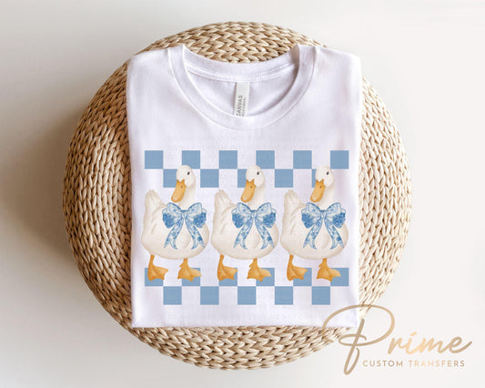 Coquette Goose DTF Transfer, Ready to Press, T-shirt Transfer, Heat Transfer, Direct to Film, Cold Peel, Trendy, Checkered Blue Toile Geese