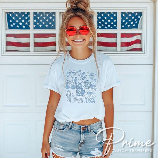4th of July DTF Transfer, Ready to Press, Sublimation T-shirt Transfer, Direct to Film, Memorial Day, America, Bows, Blue Coquette Collage
