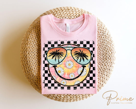 Summer DTF Transfers, Ready to Press, T-shirt Transfers, Heat Transfer, Direct to Film, Beach, Tye Dye, Vacation, Checkered Daisies Smile