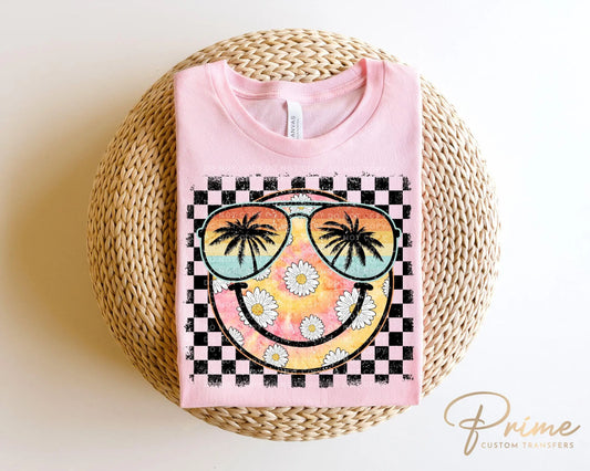 Summer DTF Transfers, Ready to Press, T-shirt Transfers, Heat Transfer, Direct to Film, Beach, Tye Dye, Vacation, Checkered Daisies Smile