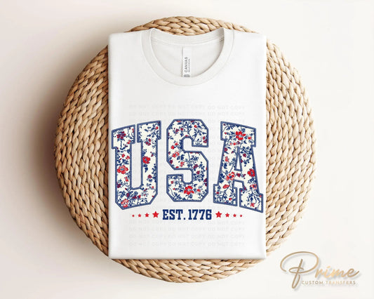 4th of July DTF Transfer, Ready to Press, T-shirt Transfer, Heat Transfer, Direct to Film, Memorial Day, Flowers, Faux Embroidery USA Floral