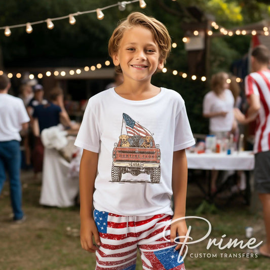 4th of July DTF Transfers, Ready to Press, T-shirt Transfers, Sublimation, Direct to Film, Pet Lover, Dogs, Patriotic Hunting Dog Truck