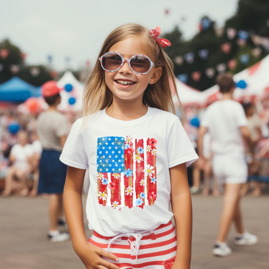 4th of July DTF Transfer, Ready to Press, T-shirt Transfer, Heat Transfer, Direct to Film, Memorial Day, Flowers, Floral American Flag