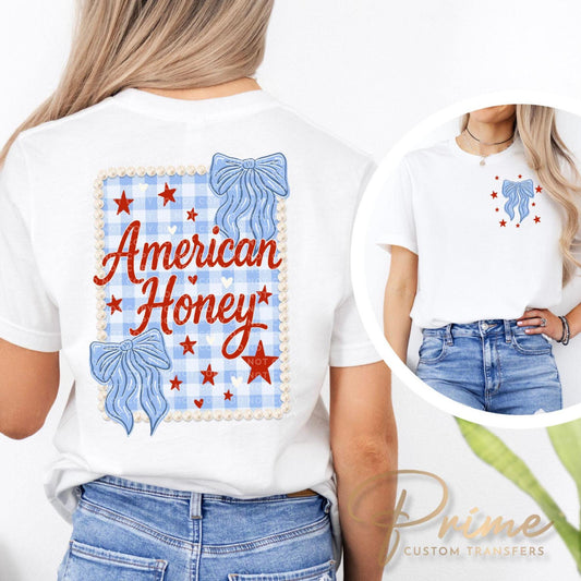 4th of July DTF Transfers, Ready to Press, T-shirt Transfers, Heat Transfer, Direct to Film, Independence, American Honey Flag Bows Coquette