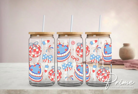 4th of July UV DTF Libbey 16oz Cup Wrap Sticker, Ready to Apply, No Heat, Permanent Adhesive, Waterproof, Glass Can, Coquette Disco Cakes