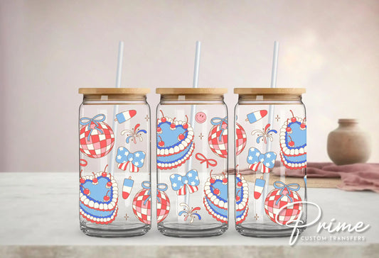4th of July UV DTF Libbey 16oz Cup Wrap Sticker, Ready to Apply, No Heat, Permanent Adhesive, Waterproof, Glass Can, Coquette Disco Cakes