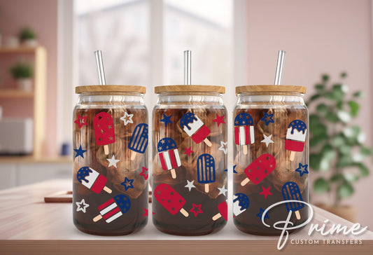 4th of July UV DTF Libbey 16oz Cup Wrap Sticker, Ready to Apply, No Heat, Permanent Adhesive, Waterproof, Glass Can, USA, Coquette Popsicles