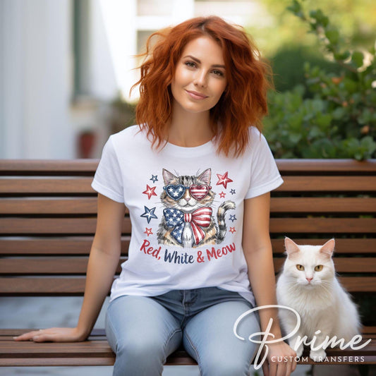 4th of July DTF Transfer, Ready to Press, T-shirt Transfer, Sublimation, Direct to Film, Pet Lover, Patriotic Cat, Coquette America Flag Cat