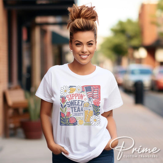 4th of July DTF Transfer, Ready to Press, Sublimation Transfer, Heat Transfer, Direct to Film, Boho Foral, Sippin' Sweet Tea and Liberty