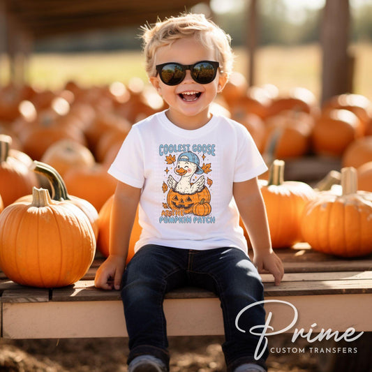 Fall DTF Transfer, Ready to Press, Heat Transfer, Direct to Film, Halloween, Trendy, Autumn, Leaves, Boy, Coolest Goose at The Pumpkin Patch