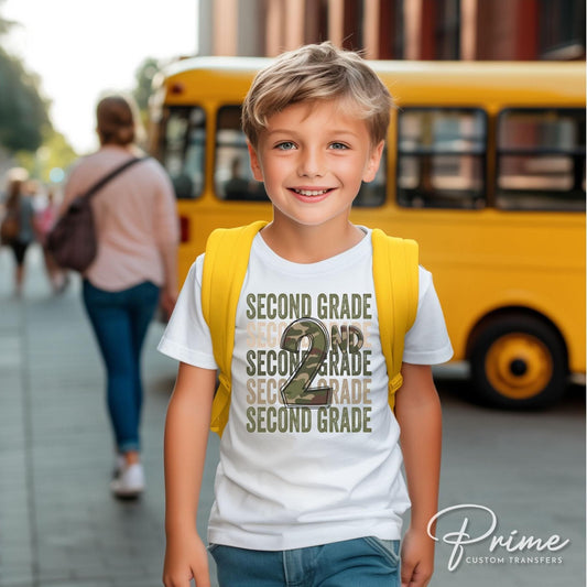 Second Grade DTF Transfer, First Day of School, Heat Transfer, Ready to Press, Direct to Film, Camo, Camouflage, 2nd, First Day of School
