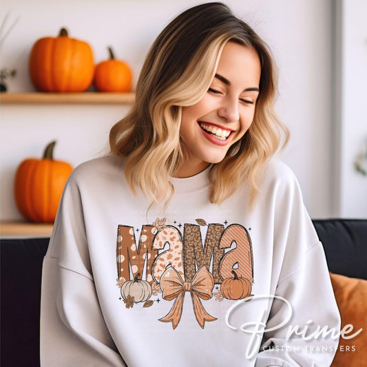 Coquette Fall Mama DTF transfer, Back to School, Heat Transfer, Ready to Press, Direct to Film, Autumn, Bow, Doodle, Pumpkins, Gift for Mom
