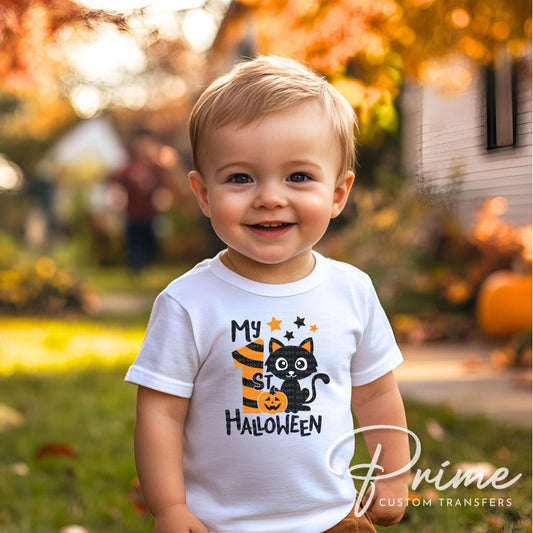 First Halloween DTF Transfers, Ready to Press, T-shirt Transfers, Heat Transfer, Direct to Film, Baby Boy, Holiday, Fall, Autumn, Black Cat