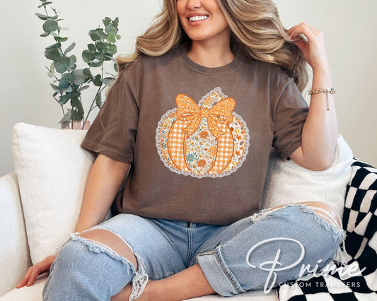 Coquette Preppy Floral Pumpkin DTF Transfers, Ready to Press, T-shirt Transfers, Heat Transfer, Direct to Film, Trendy, Faux Lace, Fall, Bow