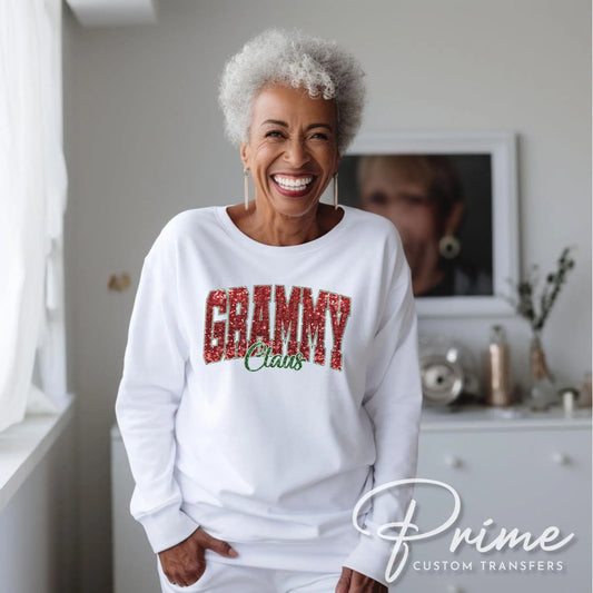 Grammy Claus Christmas DTF Transfer, Ready to Press, T-shirt Transfer, Heat Transfer, Faux Glitter, Matching Family Shirt, Gift for Grandma