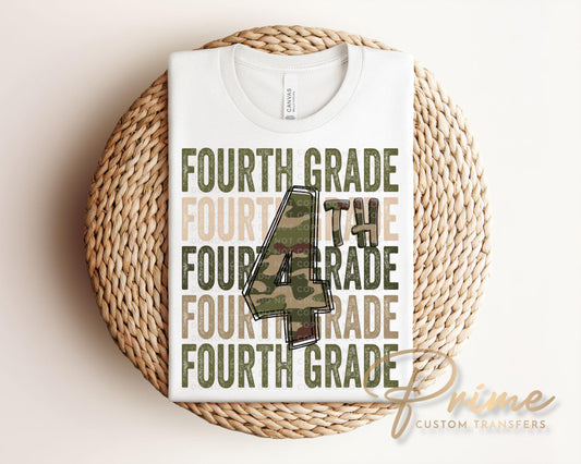 Fourth Grade DTF Transfer, First Day of School, Heat Transfer, Ready to Press, Direct to Film, Camo, Camouflage, 4th, First Day of School