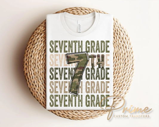 Seventh Grade DTF Transfer, First Day of School, Heat Transfer, Ready to Press, Direct to Film, Camo, Camouflage, 7th, First Day of School