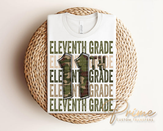 Eleventh Grade DTF Transfer, First Day of School, Heat Transfer, Ready to Press, Direct to Film, Camo, Camouflage, 11th, First Day of School